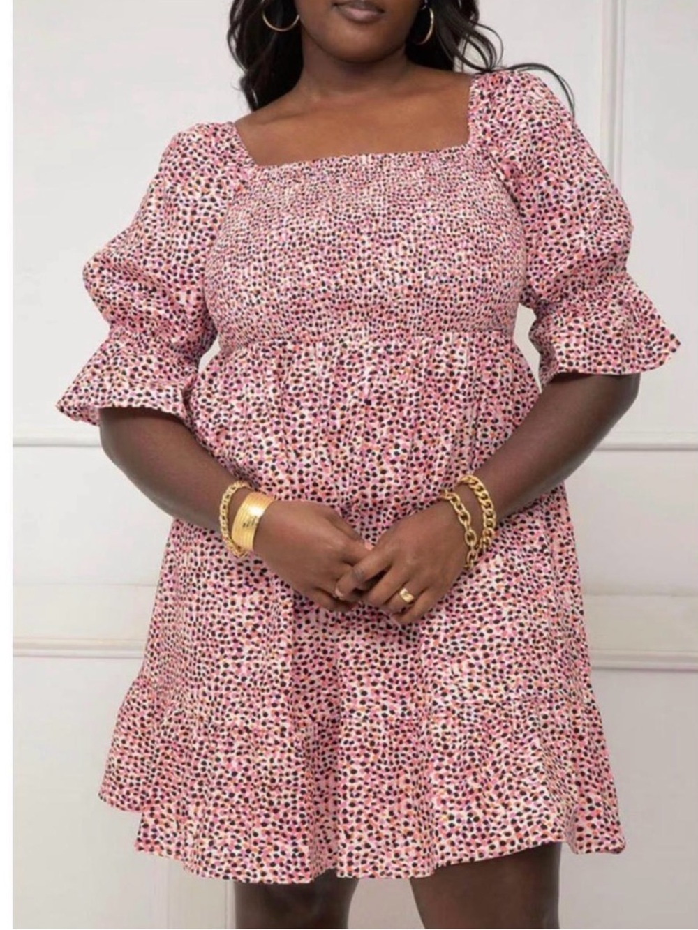 Eloquii Pink Smocked Square-Neck Dress with Puff Sleeves